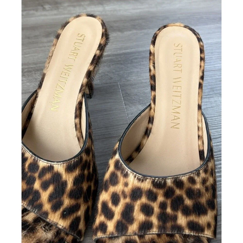 Stuart Weitzman Tia 75 Leopard Calf Hair Slide Mule Sandal Kitten Heel Shoes 9